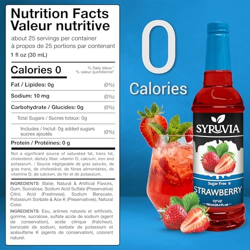 Syruvia Sugar-Free Strawberry Syrup, Flavored Syrup for Drinks, Cocktails, Lemonades, Iced Teas, and Desserts – 25.4 fl oz