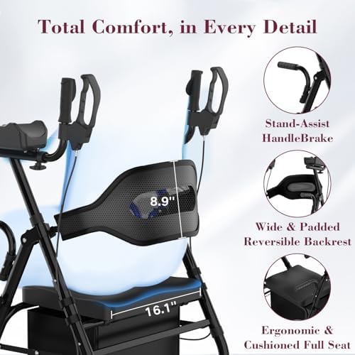 Upright Rollator Walker, Heavy Duty Stand Up Walkers for Seniors with Seat and Reversible Backrest, Foldable Standing Rollator with 8" Anti-Slip PU Wheels, Black