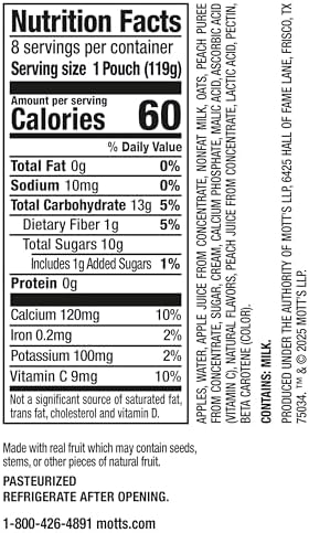 Mott’s Fruit Smoothies Vanilla Peach, 4.2 oz clear pouches, 8 Pack, Made With Milk, Made With Real Fruit, Good Source of Calcium, On-the-Go