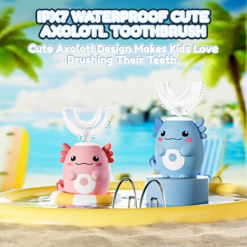 Kids Electric U Shaped Toothbrush - Axolotl Kids Cartoon Sonic Automatic Toothbrush with 6 Brush Heads Full Mouth 6 Cleaning Modes - Age2-15 Blue