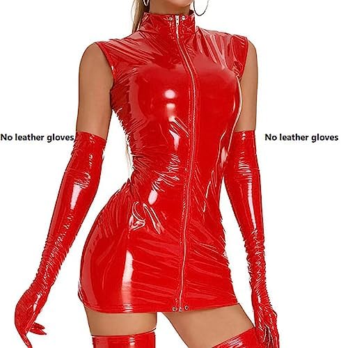 Women Sexy Tank Leather Dress, Gloves Not Included, Wetlook, Plus Size, Shiny Latex Hip Skirt