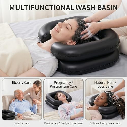 Inflatable Shampoo Basin, Portable Hair Washing Bowl with Drain Hose, Double-Layer Ergonomic Neck Support & Leak-Proof Design, for Bedridden, Disabled, Elderly and Pregnant Women (black）