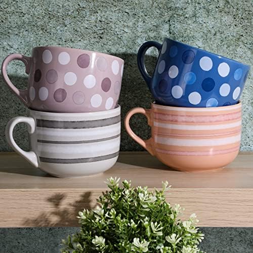 Mr. Coffee Cappuccino Bliss 4 Pack 23 OZ Latte Assorted Decorated Design Stoneware Mugs