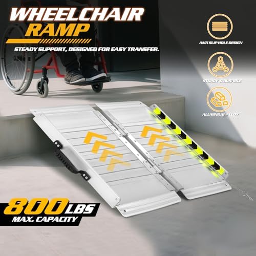 Magshion 2FT Portable Wheelchair Ramp, Folding Aluminum Handicap Threshold Ramp with Non-Slip Surface, 800lbs Capacity Wide Access Ramp for Home Steps, Doorways, Scooters, Mobility Equipment (Silver)