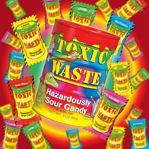 TOXIC WASTE - Hazardously Sour Candy - Apple, Watermelon, Lemon, Blue Raspberry, & Black Cherry Flavors - 3 oz. Tie Dye Bank - Stickers Included