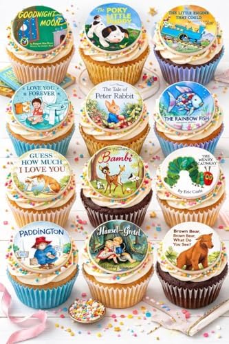 SugarMeLicious Classic Children’s Mini Book Edible Image Cupcake Toppers, 2.5 Inch Storybook Inspired Birthday Cupcake Decorations, Set of 12 Edible Cupcake Images for Kids Parties