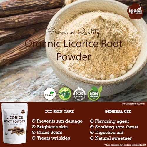 Iyasa Holistics Licorice Root Powder 4 oz - USDA Certified Organic Licorice Root Glycyrrhiza Glabra & Mulethi - Digestive & Adrenal Support, Natural Sweetener - Pure Ayurveda Products
