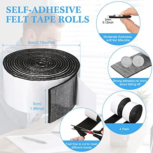 Zonon 4 Rolls 120 Inch Felt Strip with Adhesive Backing Felt Tapes Furniture Strip Rolls Self Stick Heavy Duty Polyester for Protecting Furniture and DIY Adhesive(Black,2 Inch)