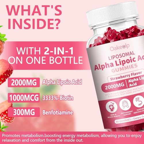 2 Pack Liposomal Alpha Lipoic Acid Gummies 2000mg Gummies,High Potency ALA Complex Biotin & Benfotiamine for Antioxidant, Brain Health and Nerve* Support,Liposomal Enhance 98% Absorption