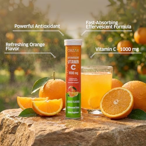 ORZAX Vitamin C 1000mg Effervescent Tablets | Dissolvable Sugar Free Immune & Antioxidant Support | Orange Flavored Fizzy Vitamin C Drink Tablets | 20 Tablets