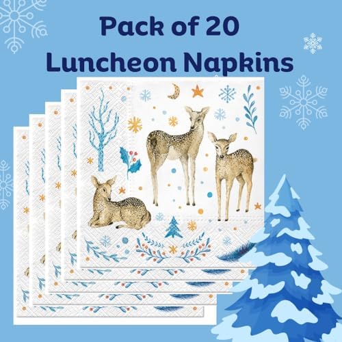 20-ct 6.5'x6.5' Christmas Paper Luncheon Decoupage Napkins, 3-Ply Servilletas Holiday Napkin for Art, Dinner and Party, Disposable Napkins Deer (Reindeer Family)