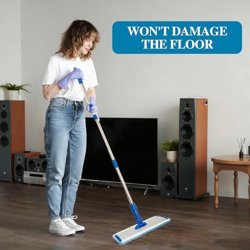 17.5'' Microfiber Mop for Floor Cleaning-Blue Flat Floor Mop with 58'' Stainless Steel Handle- 4 Reusable Washable Replacement Pads-Wet & Dry Use for Hardwood Tile Laminate-Home Kitchen Bathroom