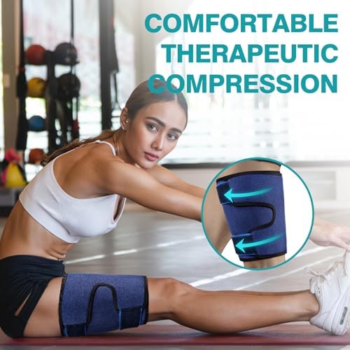 Thigh Brace, Hamstring Quadriceps Support and Thigh Wraps , Adjustable Compression Sleeve Support for Pulled Groin Muscle, Sprains, Tendonitis, Sciatica Pain and Sports Recovery for Men and Women (Dark Blue)