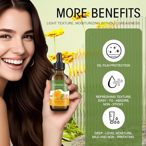 Calendula Oil - 100% Natural Calendula Oil for Anti-Aging, Moisturizing, Wrinkle Reduction, & Skin Firming - for Hair, Skin, Face, Scalp & Body Massage (1 Fl Oz)