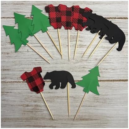 Woodland Cupcake Toppers Food Picks - Set of 24 - Bears, Trees and Buffalo Plaid Jumpsuits - Lumberjack Birthday Baby Shower Decorations