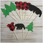 Woodland Cupcake Toppers Food Picks - Set of 24 - Bears, Trees and Buffalo Plaid Jumpsuits - Lumberjack Birthday Baby Shower Decorations