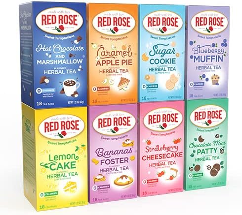 Red Rose Sweet Temptations Dessert Tea Variety Pack, Zero Sugar, Caffeine-Free Flavored Delicious Beverage Herbal Tea, 18 Count Pack of 8 Fruit Naturally Flavored Herbal Tea Gift Set