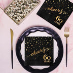 100 Pack of 60th Birthday Napkins, Cheers to 60 Cocktail 5x5 Inches Party Paper Napkins for Birthday Decorations Wedding Anniversary Black and Gold, 3-Ply