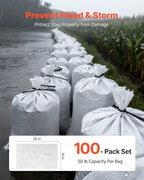 VEVOR Heavy Duty Sand Bags, 100 Pack 16" x 26", Empty Sandbags for Flooding with Tie Strings, Woven Polypropylene Sand Bag with 1600 Hours of UV Protection, 50Lbs Capacity