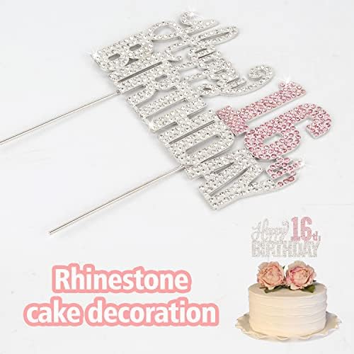 Happy 16th Birthday Silver & Pink Rhinestone Cake Topper - Cheers to 16 Years Old Sixteen Bday Metal Sparkly Cake Centerpieces Topper Decorations Sign.