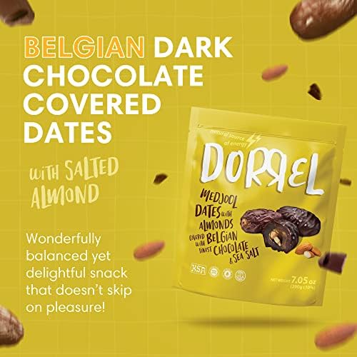 DORREL - Belgian Dark Chocolate Covered Dates (Medjool) with Salted Almonds Stuffing, High Energy Vegan Choco Snack, Delicious, Kosher & Non-GMO, Pack of 1 Stuffed Chocolate Dates, 7.05 oz / 200 g Ea