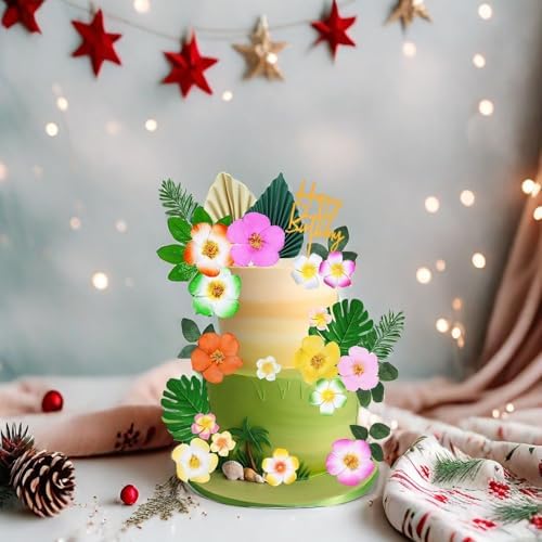 28 Pcs Hawaiian Flower Cake Toppers, Tropical Themed Cake Decorations with Flowers Palm Leaves Hibiscus for Hawaii Aloha Summer Beach Theme Wedding Birthday Party Supplies