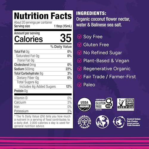 Big Tree Farms Organic Coco Aminos - Liquid Coconut Aminos, Soy-Free Sauce, Low Sodium, Soy Alternative, Gluten Free, Kosher, Warmly Umami, Marinade & Sauce, Non-GMO - Original, 10 Fl Oz (Pack of 1)