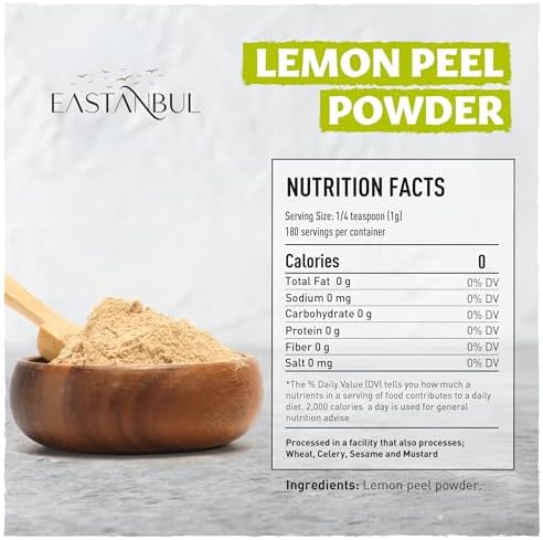 Eastanbul Lemon Peel Powder, 6.4oz Lemon Peel Ground, Pure Citrus Powder, Dry Lime Ground for Baking, Cooking, Teas, Marinades, and Rubs, Mediterranean Spice, Natural, Gluten Free