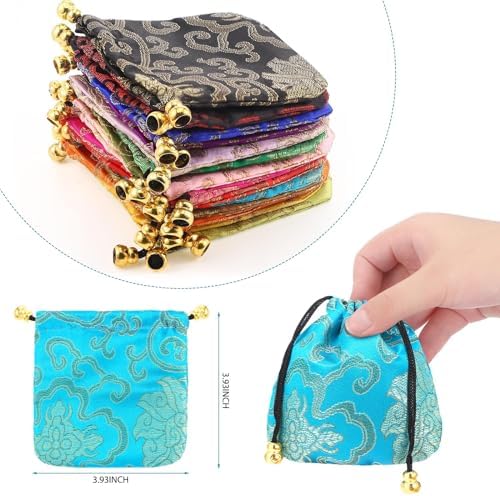 Huquary 60 Pcs Silk Jewelry Pouch Drawstring Gift Bags Bulk 4 x 4 Inches Potli Bags for Return Gifts Indian Diwali Gift Bag Mini Satin Brocade Embroidered Coin Purse for Women Selling Pooja