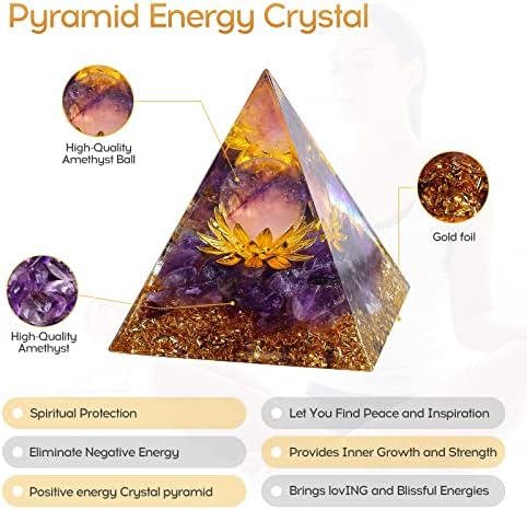 Hopeseed Orgone Crystal Pyramid for Positive Energy, Flower of Life Orgonite Amethyst Healing Crystals Pyramid for Reduce Stress Chakra Healing Meditation Attract Lucky, with 2 White Crystals Stones