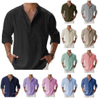 Men's Linen Shirts Long Sleeve Button Down Henley Shirts Cotton Linen Plus Size Band Collar Solid Color Beach Shirt