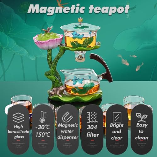 Lotus Flower Magnetic Teapot Set,Magnetic Kung Fu Tea Set,Lazy Kung Fu Glass Tea Set,Semi Automatic Glass Teapot Set,For Brewing Loose and Flower Teas At Home and Office