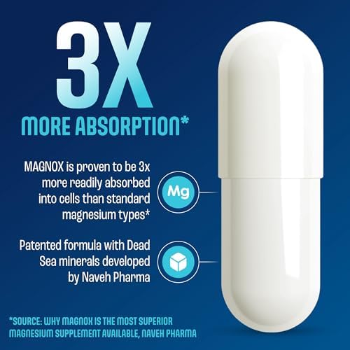 MAGNOX® High Absorption Magnesium Supplement with B6 & D3 Vitamins for Women & Men | Sleep Support | One Capsule a Day for Full Dosage (432mg) Patented & Clinically Tested Formula (60 pils)