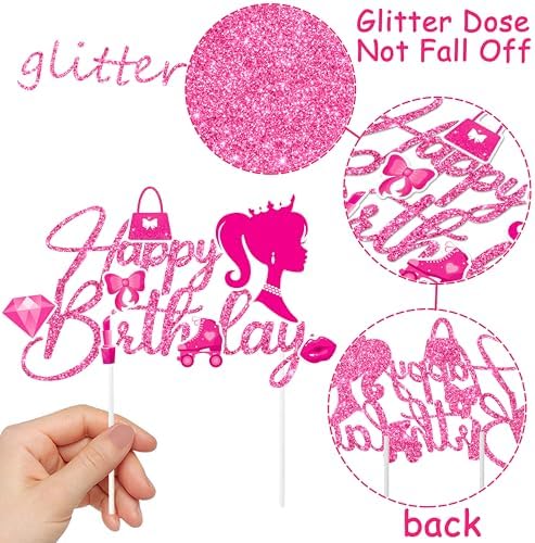 C L cooper life Hot Pink Girl Happy Birthday Cake Topper Glitter Hot Pink Girl Princess Cake Decorations for Baby Shower, Wedding, Birthday Party Supplies