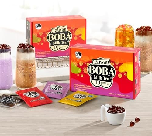 J WAY Instant Boba Bubble Pearl Variety Milk Tea Fruity Tea Kit with Authentic Brown Sugar Caramel Fruity Tapioca Boba, Ready in Under One Minute, Paper Straws Included - Gift Box - 10 Servings