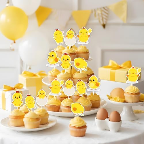 36 Pcs Chick Cupcake Toppers - Yellow Little Chicken Birthday Cake Decorations for Boys Girls, Double Sided Farm Animals Farmhouse Barnyard Theme Party Supplies