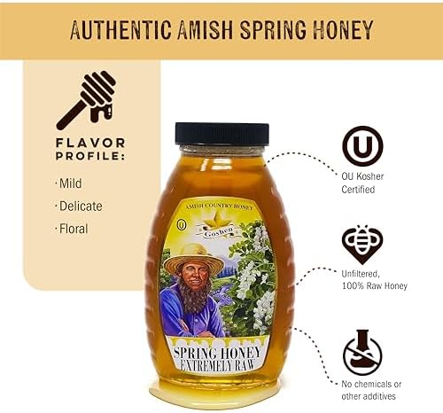 Goshen Amish Country Extremely Raw Pure Spring Honey - Unfiltered, Unprocessed, Pure & Natural - Harvested in the USA - Rich Flavor for Tea, Cooking, Wellbeing - Kosher Certified - 16oz Glass Jar