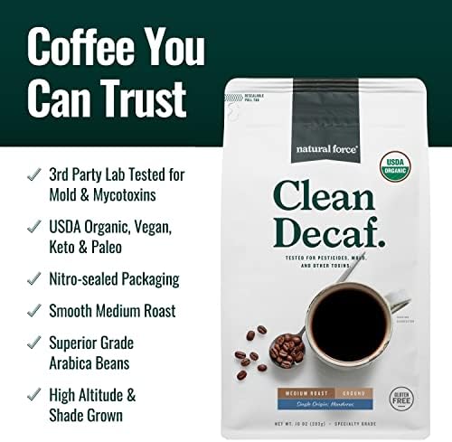 Natural Force Organic Mold Free Coffee, High CGA Coffee, Mycotoxin Free, Low Acidity, Incredible Taste & Aroma, Ground Swiss Water Decaf Medium Roast, 10 oz