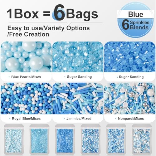 HUEBEATY® 6-in-1 Blue and White Sprinkles for Cake Decorating – 180g/6.36oz Edible Baby Shower, Hanukkah, Frozen & Winter Sprinkles with Baby Blue Sugar, Nonpareils, Pearls & Jimmies for Cupcakes, Cookies, Ice Cream