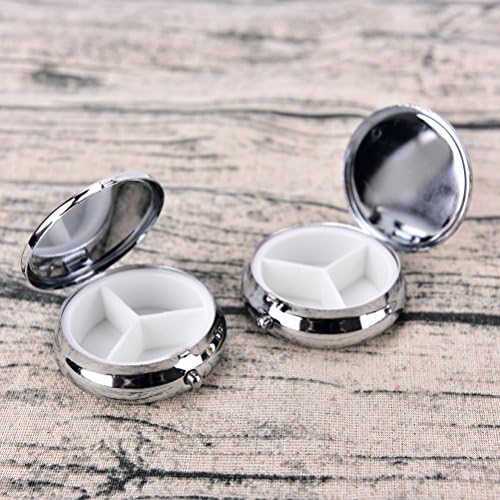 Pill Box Round Metal Pill Case Portable Mini Silver Medicine Drug Holder Container Organizer with 3 compartments for Travel Outdoor Use Pack of 2
