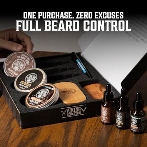 Viking Revolution Ultimate Beard Care Collection - Gifts for Men Includes Oil, Balm, Brush, Comb and Pen - Beard Kit for Men with Sandalwood, Spiced Vanilla, Coffee Whiskey, Sweet Tobacco