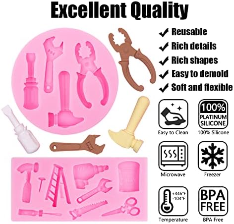 Hand Tools Silicone Molds 4 Pcs, Mini Construction Tools Chocolate Fondant Molds for Cupcake Toppers Mini Cake Decorating Candy Polymer Clay Resin Crafts Cake Mold for Birthday Party