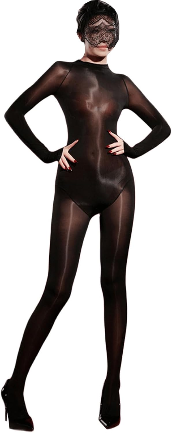 Women Oil Shiny Long Sleeve Bodysuit Glossy Bodystocking Full Body Stocking Nylon Catsuit
