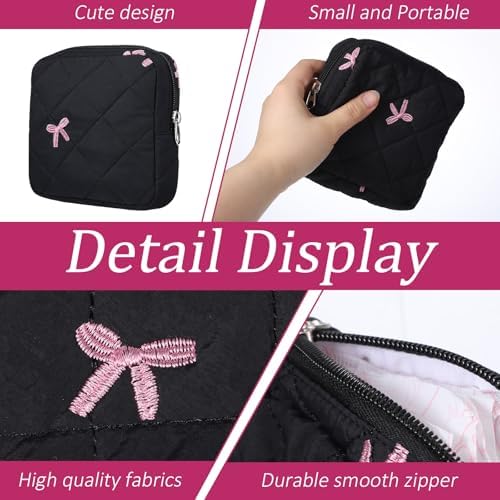 Cute Bow Sanitary Napkin Storage Bag with Dividers and Zipper, Cute Period Bag Pouch, Portable Tampon Holder for Purse that Can Hold Sanitary Napkins, Panty Liners, Tampons, and Menstrual Cups