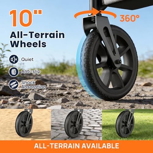 WALK MATE Rollator Walker for Seniors 5.3~7ft Tall, Height-Adjustable Seat, Built-in Cable, 10 Inch Wheels, 16.5 lb Lightweight & Compact Folding Design, 300 lb Capacity, Blue