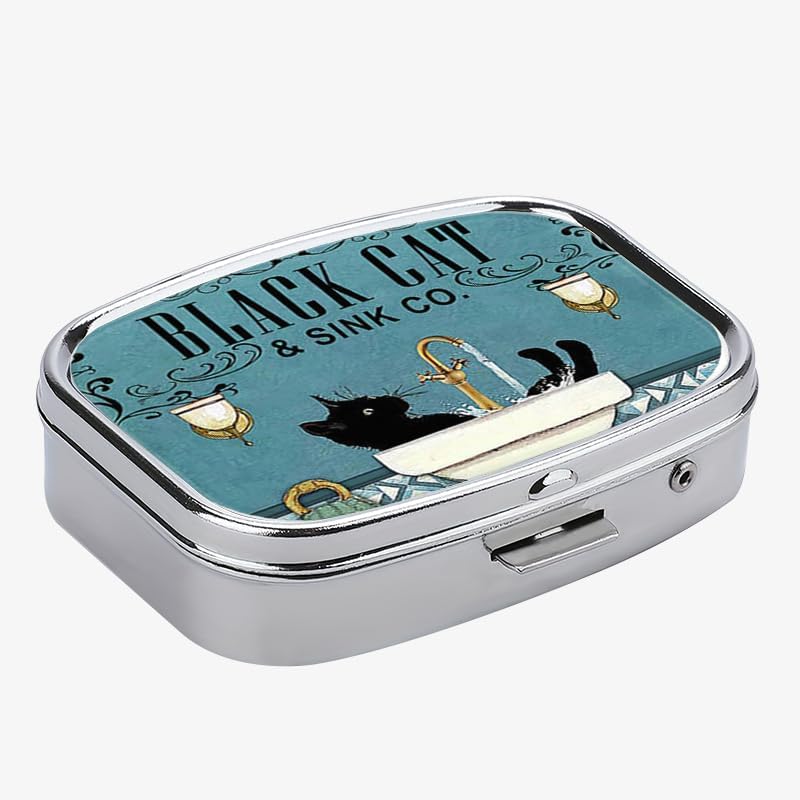 1pc Square Pill Box, Mini 2 Compartment Medicine Pill Organizer, Household Portable Medicine Storage Box, Vitamins Fish Oil for Pockets Purses Travel Unique Gift (Black Cat)