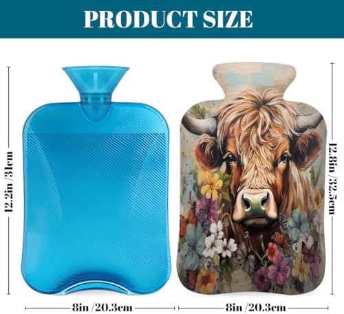 Vintage High Land Cow Flower Hot Water Bottle with Cover, 2L PVC Hot Water Bag for Pain Relief, Hand Foot Warmer, Hot & Cold Therapy with Removable Cover, Gift for Women Kids Family