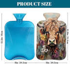 Vintage High Land Cow Flower Hot Water Bottle with Cover, 2L PVC Hot Water Bag for Pain Relief, Hand Foot Warmer, Hot & Cold Therapy with Removable Cover, Gift for Women Kids Family