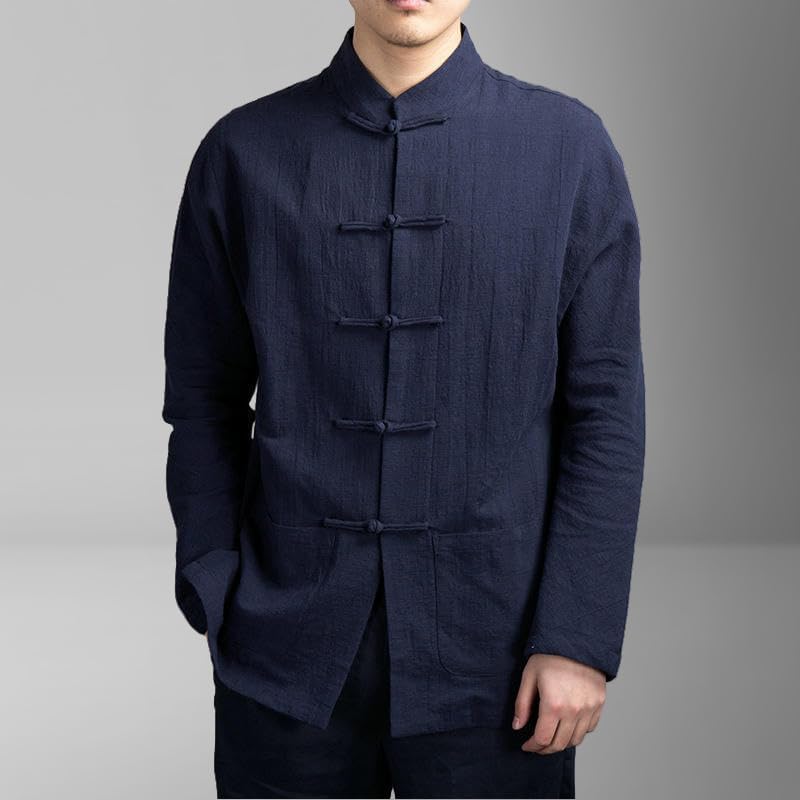 Men's Cotton Linen Blend Long Sleeve Mandarin Collar Shirt Pocket Detail Chinese Style Retro Loose Fit Casual Wear