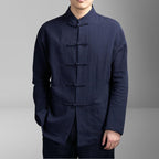 Men's Cotton Linen Blend Long Sleeve Mandarin Collar Shirt Pocket Detail Chinese Style Retro Loose Fit Casual Wear